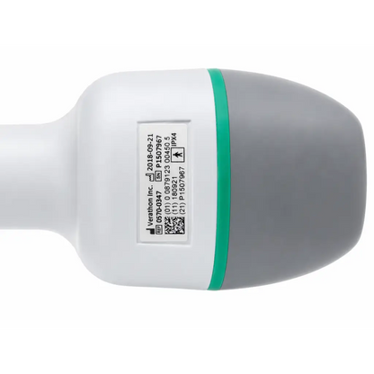 Gray and white biomed certified verathon bladderscan probe with green accent and printed identification labels medical equipment