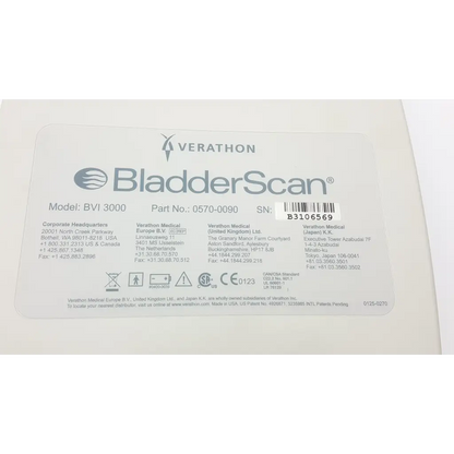 Verathon bladder scan bvi3000 label with gray text and barcode on white background for bladder scan scanner battery charger