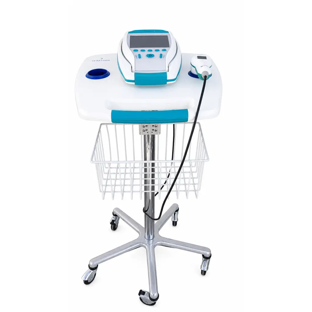 White and teal Verathon BladderScan bladder scanner with probe and mobile stand on wheeled cart