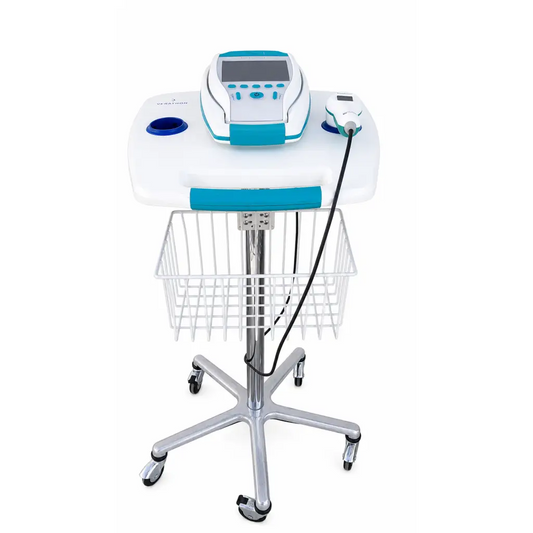 White and teal Verathon BladderScan bladder scanner with probe and mobile stand on wheeled cart