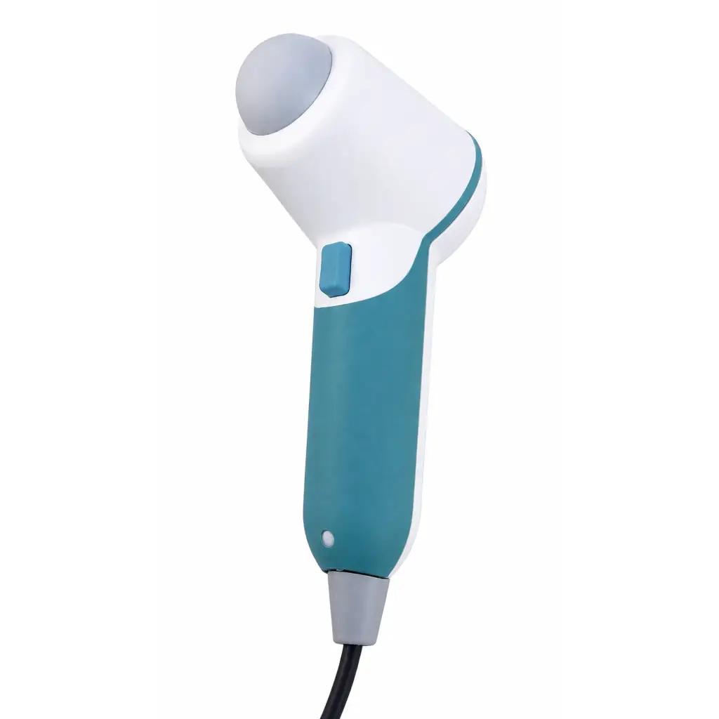 White and teal handheld massage gun with rounded gray head next to verathon bladderscan with probe and mobile stand