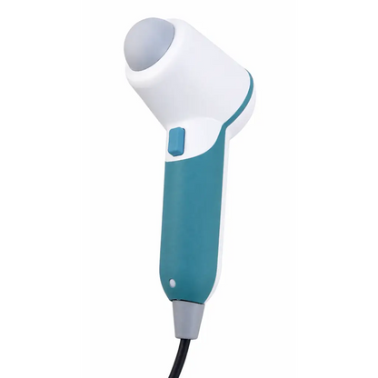 White and teal handheld massage gun with rounded gray head next to verathon bladderscan with probe and mobile stand