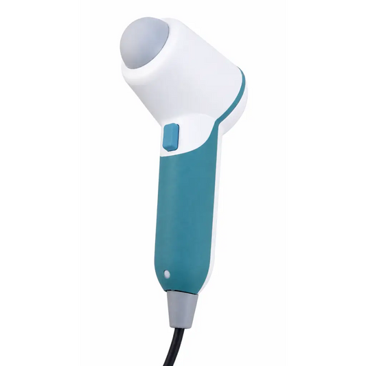 White and teal handheld massage gun with rounded gray head next to verathon bladderscan with probe and mobile stand