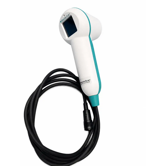 Verathon bladderscan BVI 9400 bladder volume instrument in white and teal with black coiled cable for volume measurement