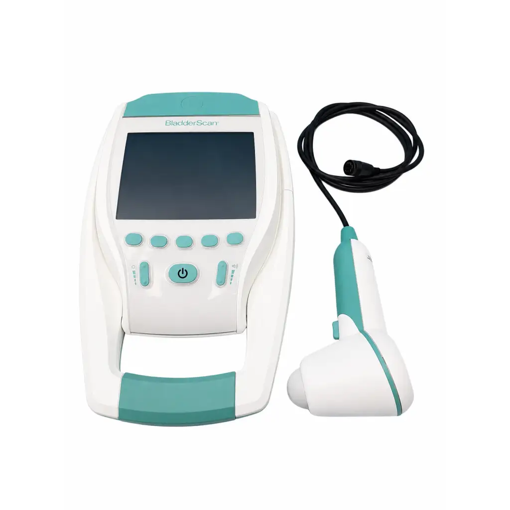 White and teal Verathon BladderScan BVI 9400 bladder volume instrument with handheld probe and coiled cable