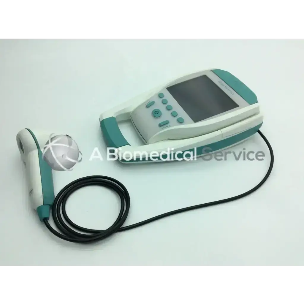 Teal and white verathon bladderscan bvi 9400 portable bladder scanner with handheld design and coiled black cable
