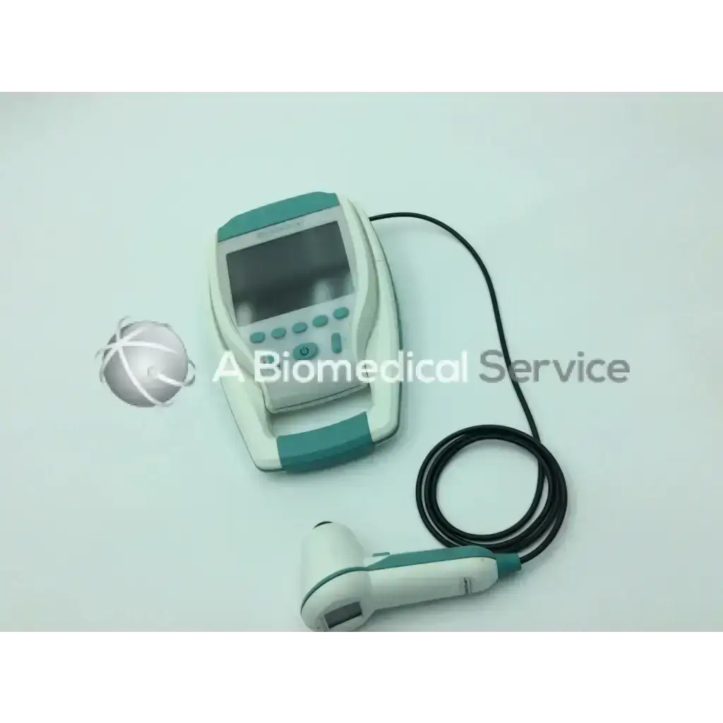 Teal and white verathon bladderscan bvi 9400 portable bladder scanner with screen buttons and attached probe