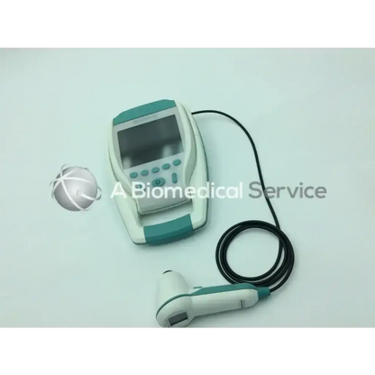 Teal and white verathon bladderscan bvi 9400 portable bladder scanner with screen buttons and attached probe