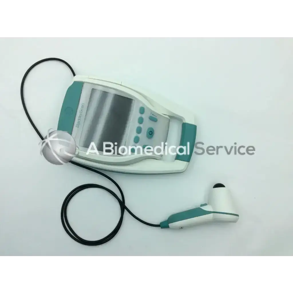 Teal and white verathon bladderscan bvi 9400 portable bladder scanner with attached probe for bladder measurement
