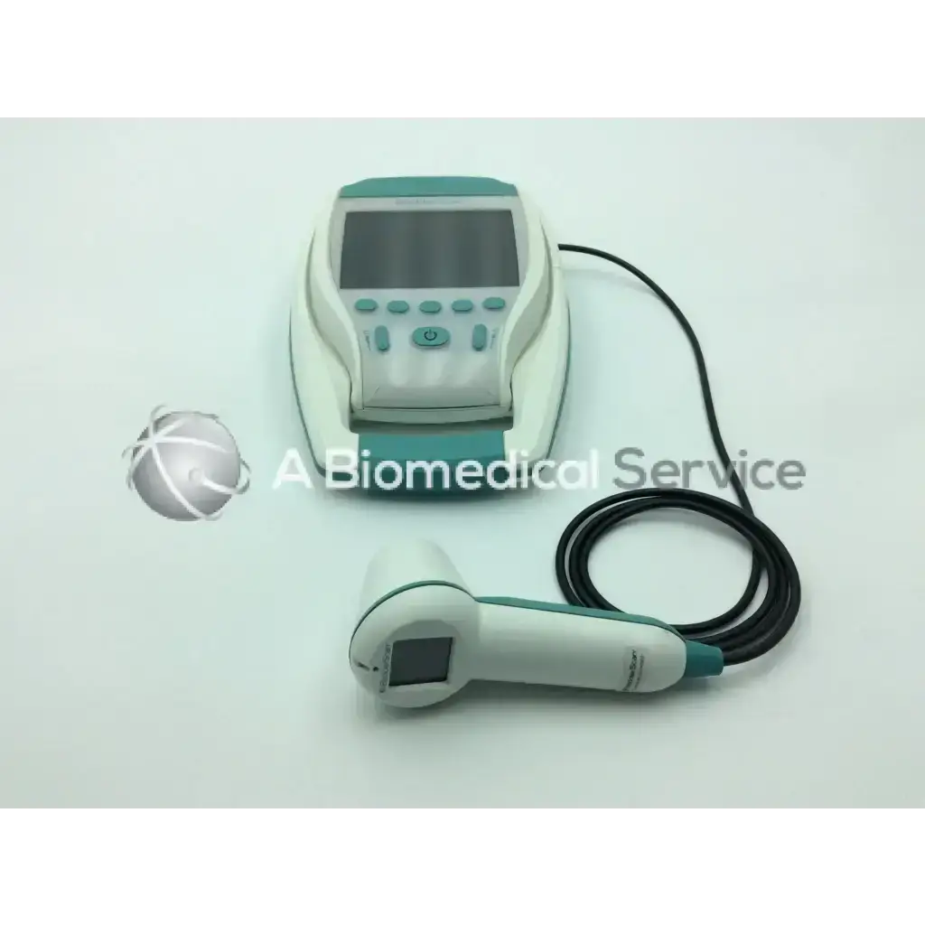 Teal and white verathon bladderscan bvi 9400 portable bladder scanner with digital display screen handheld device