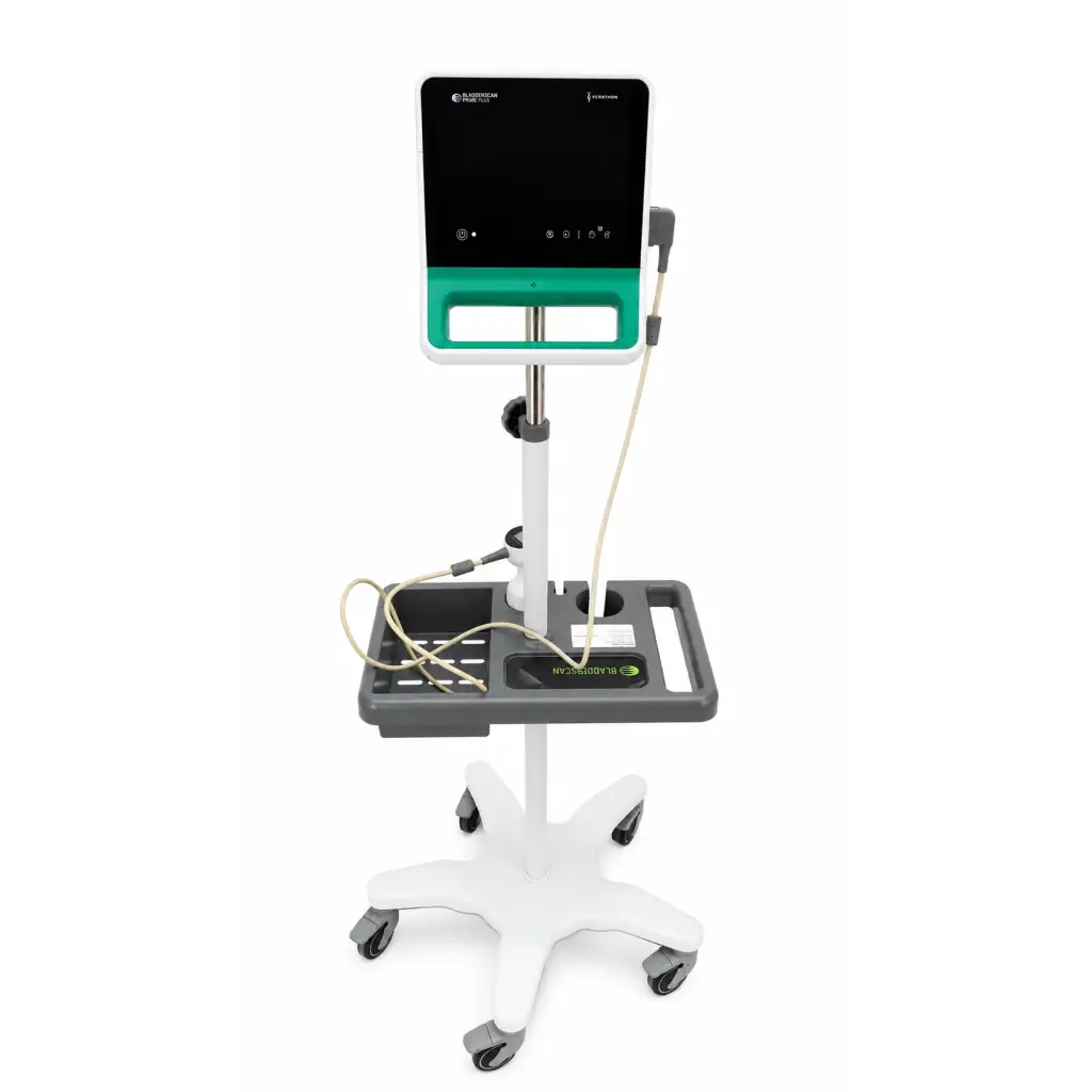 Verathon bladderscan prime bladder scanner with white and teal mobile stand biomed certified with touchscreen display