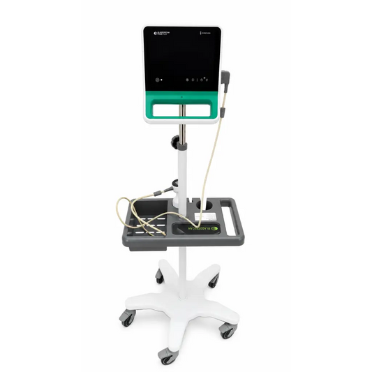 Verathon bladderscan prime bladder scanner with white and teal mobile stand with touchscreen display
