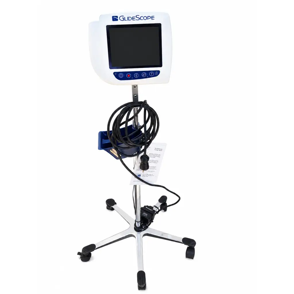 White glidescope laryngoscope with cobalt avl monitor mounted on a silver metal mobile stand with caster wheels