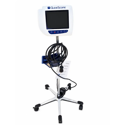 White glidescope laryngoscope with cobalt avl monitor mounted on a silver metal mobile stand with caster wheels