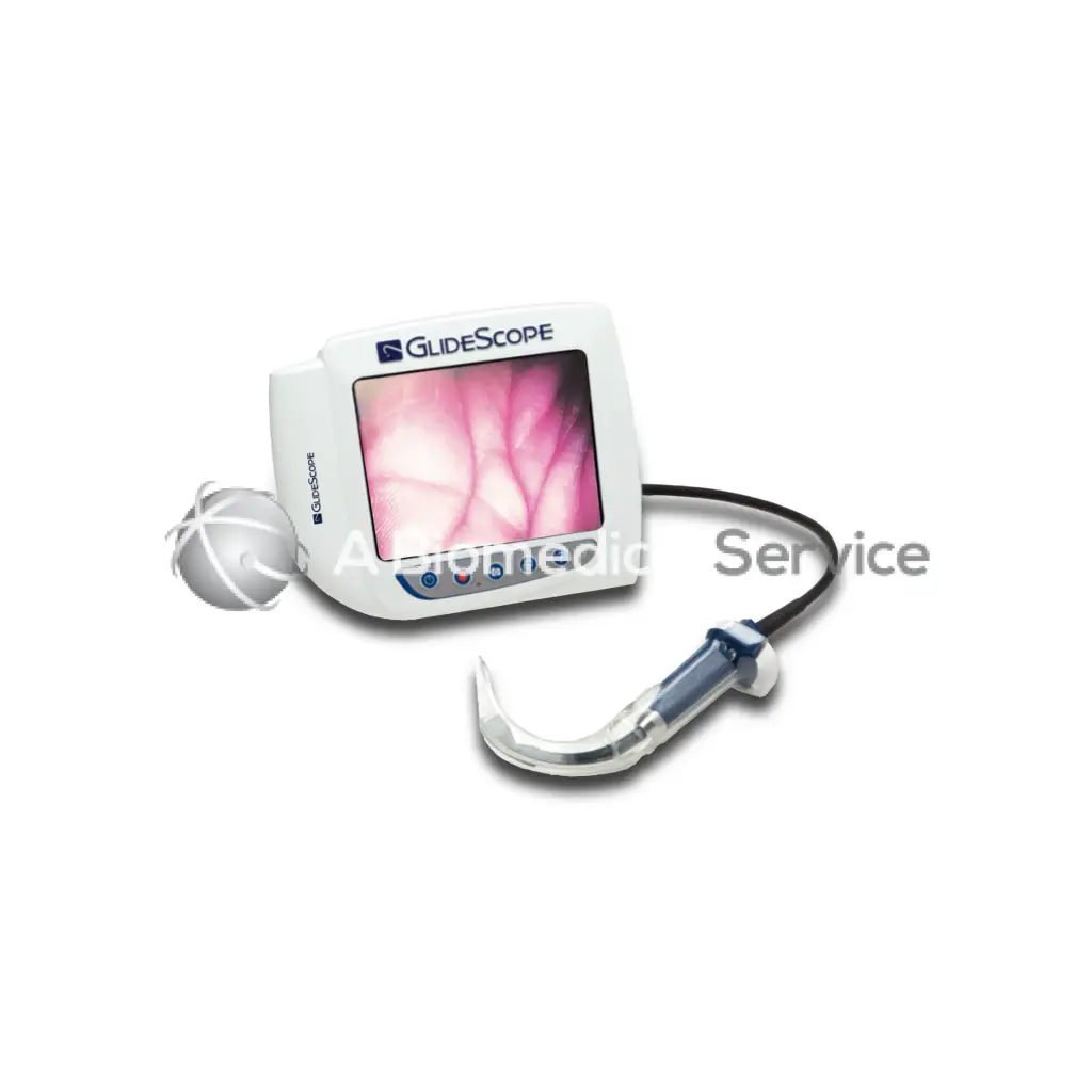White Verathon GlideScope laryngoscope with a curved metallic handle and screen showing pink internal tissue