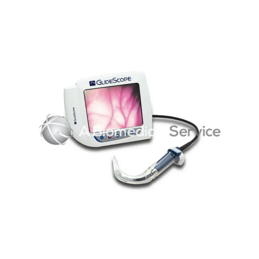 White Verathon GlideScope laryngoscope with a curved metallic handle and screen showing pink internal tissue