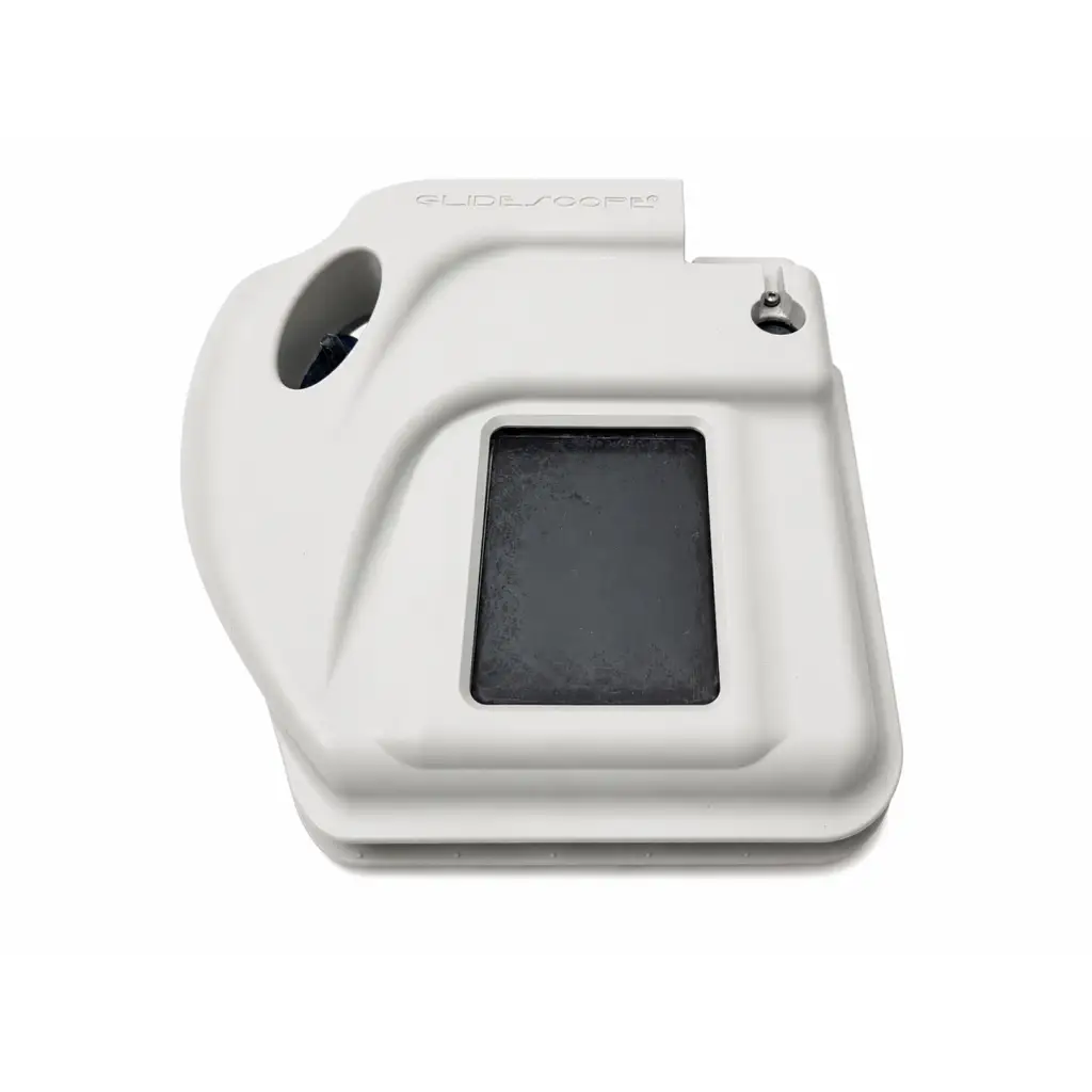 White plastic biomed certified Verathon GlideScope Ranger video laryngoscope with dark rectangular viewing window and circular opening