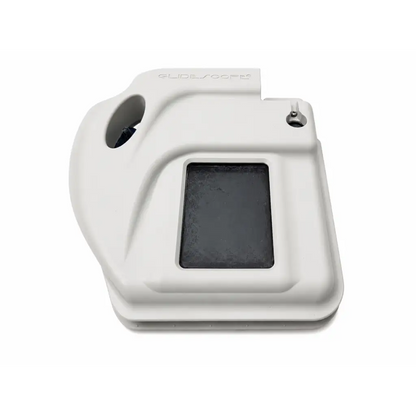 White plastic biomed certified Verathon GlideScope Ranger video laryngoscope with dark rectangular viewing window and circular opening