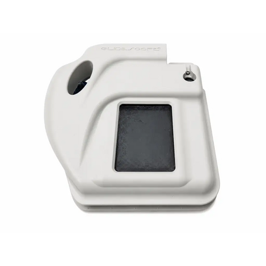 White plastic Verathon GlideScope Ranger video laryngoscope with dark rectangular viewing window and circular opening