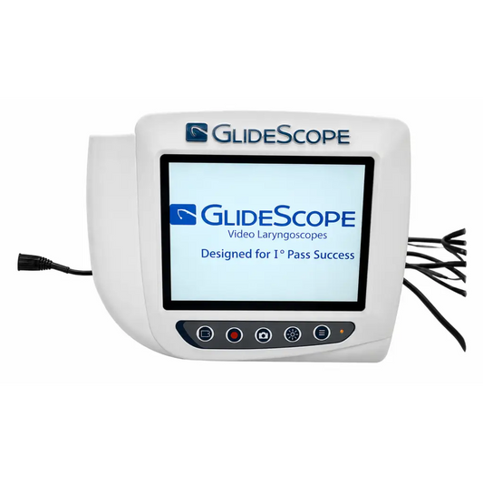 White plastic verathon glidescope video laryngoscope monitor with touchscreen showing brand logo and product name