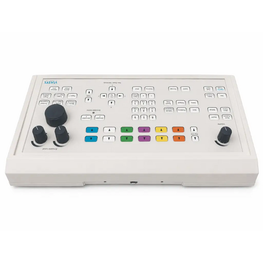 White sasya video production control panel with black knobs and colorful buttons for viasys healthcare neurodiagnostic use