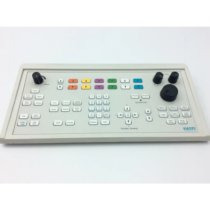 Beige viasys healthcare emg vs-control panel with colorful buttons and black rotary knobs for video production control