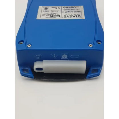 Blue plastic viasys healthcare nicolet one nic 36 eeg amplifier with white cylindrical component and silver screws