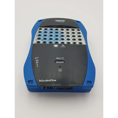 Blue and black viasys healthcare nicolet one nic 36 eeg amplifier with labeled port grid on top surface