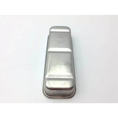 Silver metallic rectangular vintage vollrath covered dish storage container with smooth reflective stainless steel surface