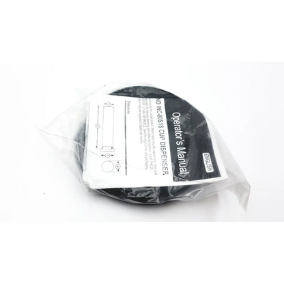 Black plastic Vollrath 80s18 cup dispenser with attached operator manual in clear packaging for easy use