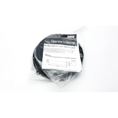 Black plastic vollrath inc 80s18 cup dispenser wrapped with clear packaging and attached operator’s manual