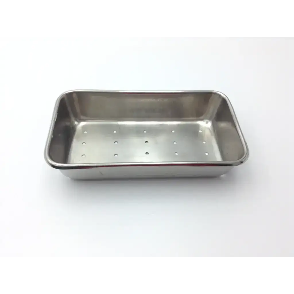 Rectangular vollrath stainless steel perforated instrument tray with evenly spaced holes for medical use