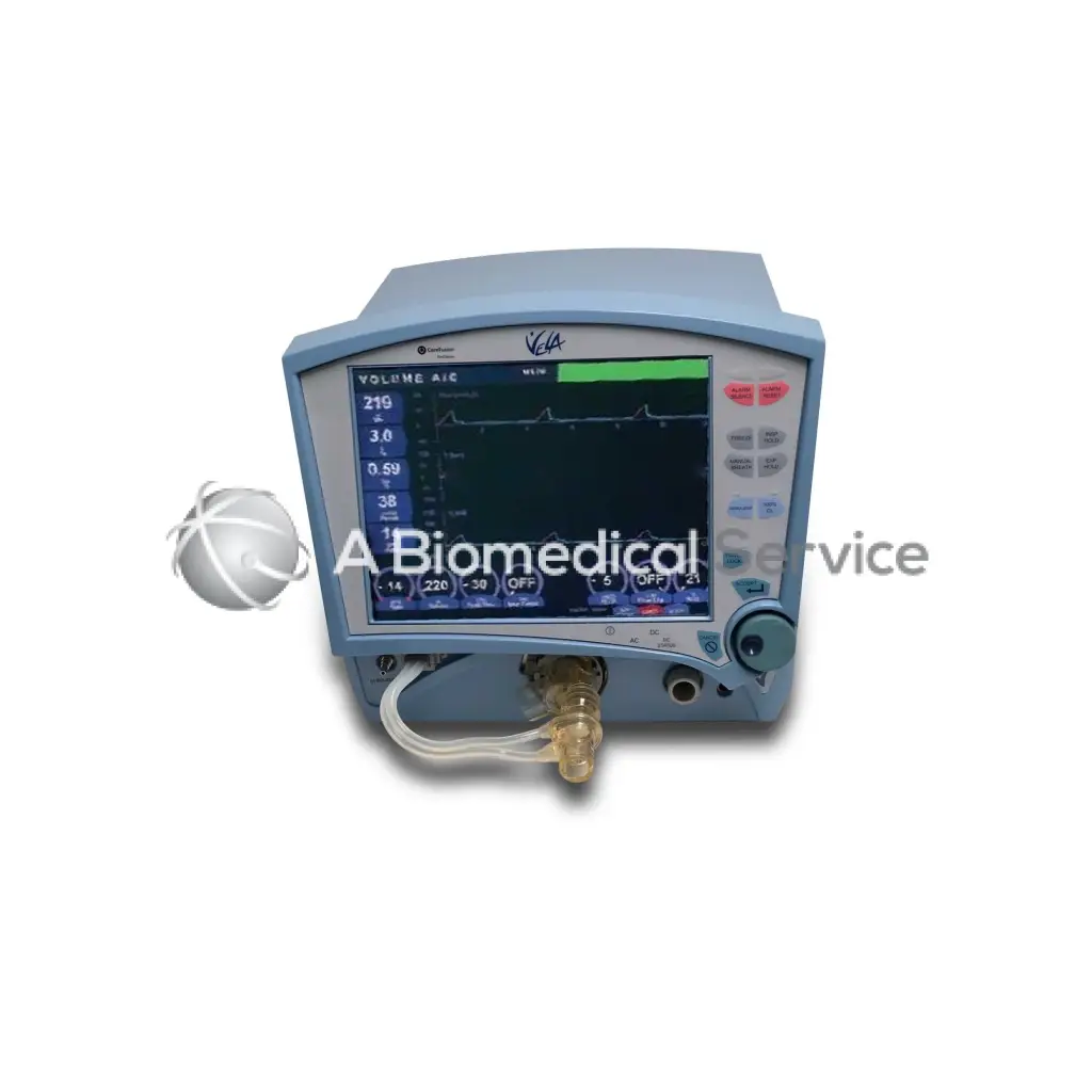 Light blue Vyaire CareFusion Viasys Vela ventilator medical monitor with digital vital signs screen and control buttons on right side