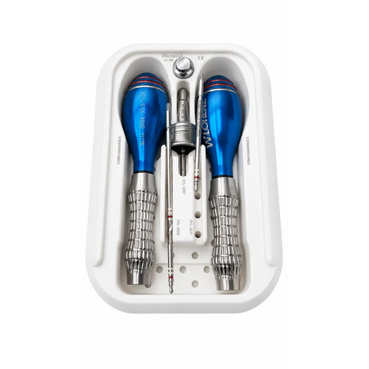 Blue and silver dental surgical instrument set in white tray for w lorenz lactosorb endobrow lift kit