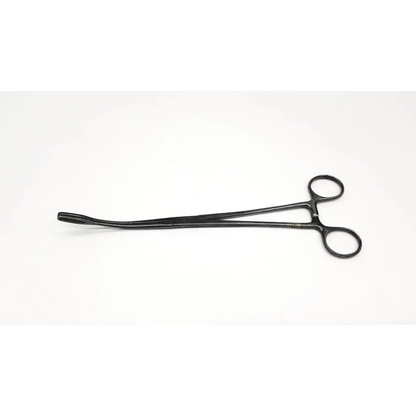 Black metal weck foerster sponge forceps with curved tapered jaws and circular finger loops for surgical use