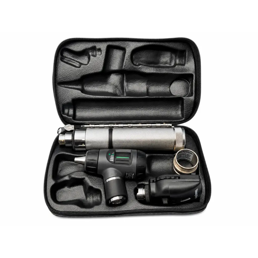 Black and silver welch allyn diagnostic otoscope and ophthalmoscope set in a leather carrying case for medical equipment use