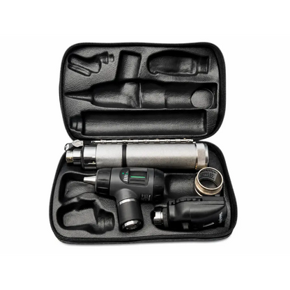 Black and silver welch allyn diagnostic otoscope and ophthalmoscope set in a leather carrying case for medical equipment use