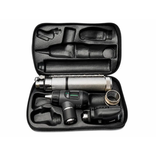 Black and silver welch allyn diagnostic otoscope and ophthalmoscope set in a leather carrying case for medical equipment use