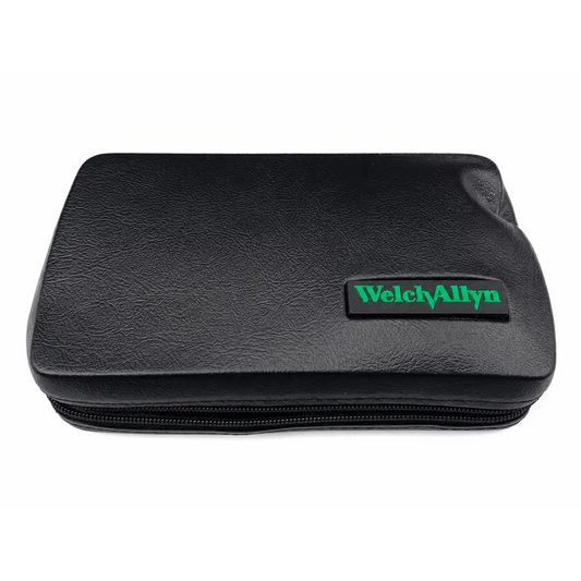 Black textured leather carrying case with green welch allyn logo patch for medical equipment set