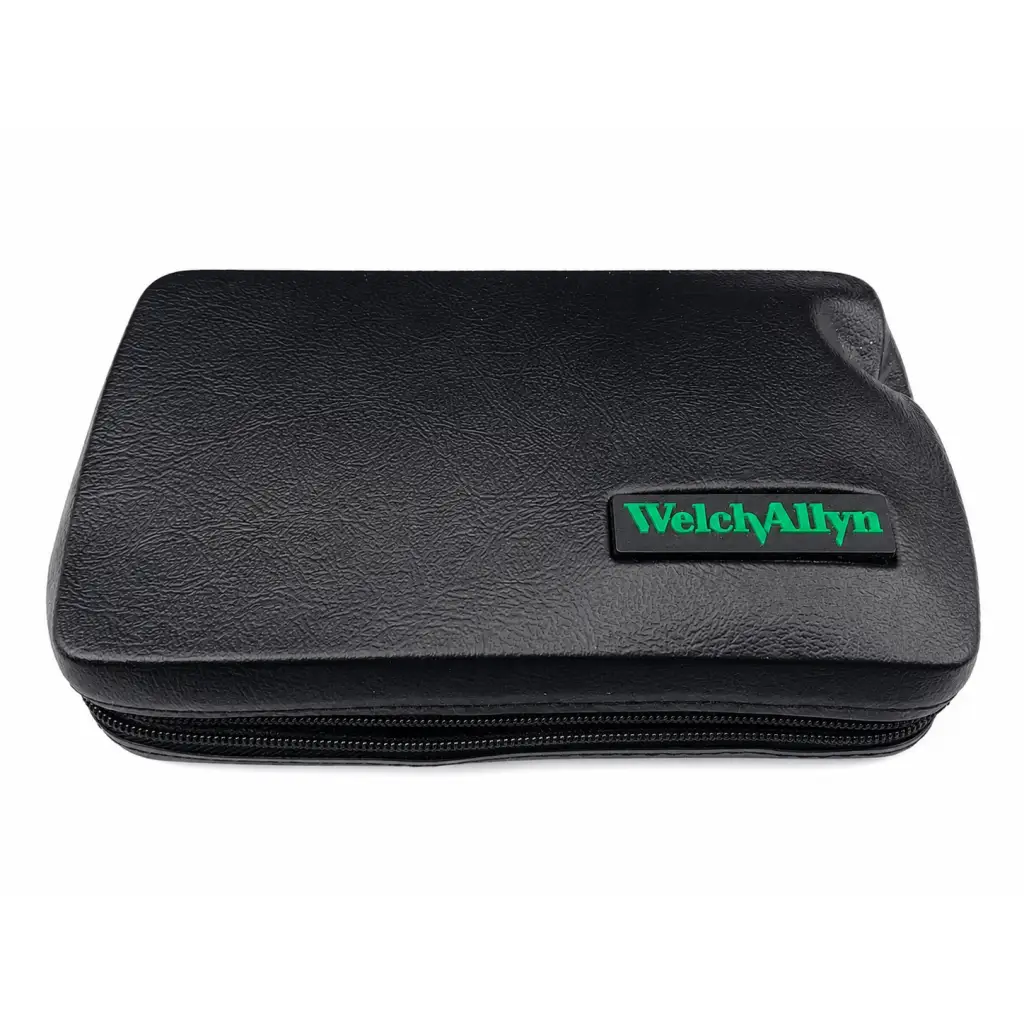 Black textured leather carrying case with green welch allyn logo patch for medical equipment set
