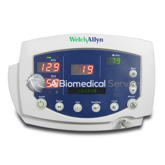 Welch Allyn 300 series white medical monitor with blue display showing red digital blood pressure and heart rate readings