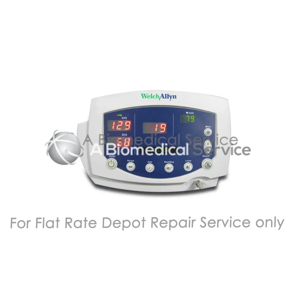 White welch allyn 300 series vital signs medical equipment monitor with blue digital display showing blood pressure readings for repair service