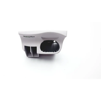 White plastic Welch Allyn 411901 GS exam light wall holder with black circular opening and gray compartmentalized base
