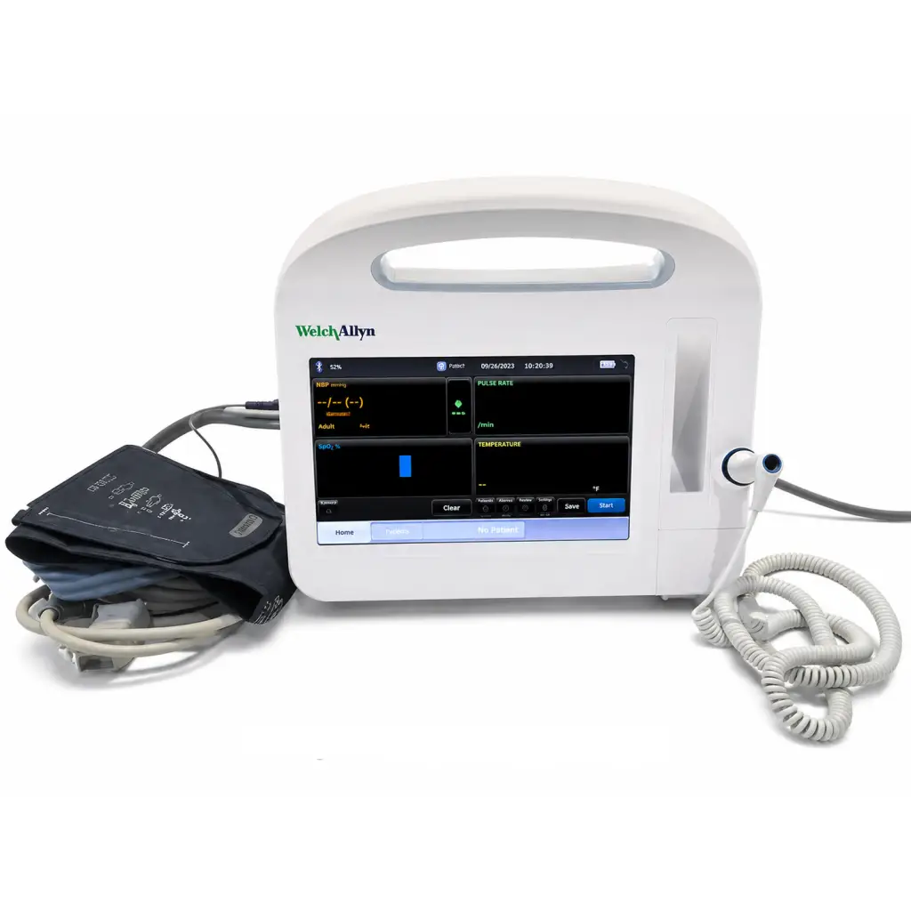 White welch allyn 6000 series vital signs monitor with touchscreen displaying vital signs and medical accessory connections