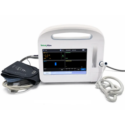 White welch allyn 6000 series vital signs monitor with touchscreen displaying vital signs and medical accessory connections