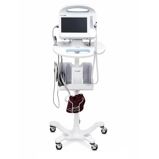 White welch allyn 6000 series vital signs monitor medical cart with touchscreen storage compartments and wheels for repair service