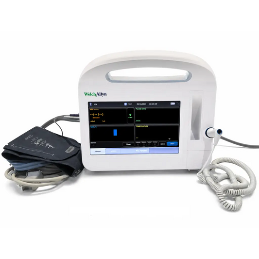 White welch allyn 6000 series vital signs monitor with touchscreen showing vital signs and connected medical accessories