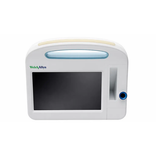 Welch allyn 6500 series portable patient monitor with blue-accented handle and screen bezel