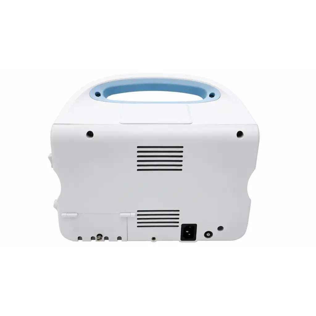 White portable oxygen concentrator with light blue handle and black vents shown with welch allyn 6500 series monitor biomed certified