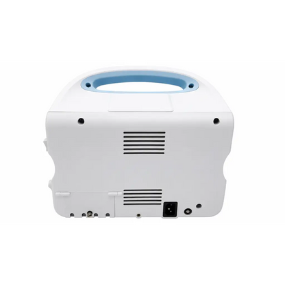 White portable oxygen concentrator with light blue handle and black vents shown with welch allyn 6500 series monitor biomed certified